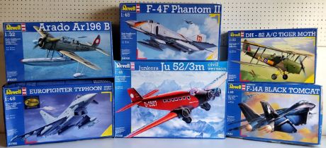 Six boxed Revell aircraft kits; #04558 Ju 52/3m, #04922 Arado Ar196 B, #04568 Eurofighter