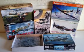 Six boxed Eduard R.A.F aircraft model kits; #11117 Typhoon Mk.Ib, #82152 Spitfire Mk.1 early, #82158