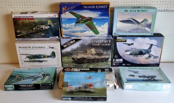 Ten boxed model kits; #K4083 Kinetic Gold F-104G, #DW35013 PzKpfwg. VI Tiger II, #20-48236