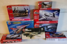 Nine boxed Airfix aircraft model kits; #A09183 Supermarine Walrus Mk.1, #A09184 Gloster Meteor, #