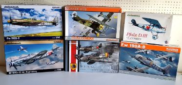 Six Eduard German aircraft model kits; #8133 Fokker D.VII, # 84102 Fw190D-9, #812119 Bf109G-10, #