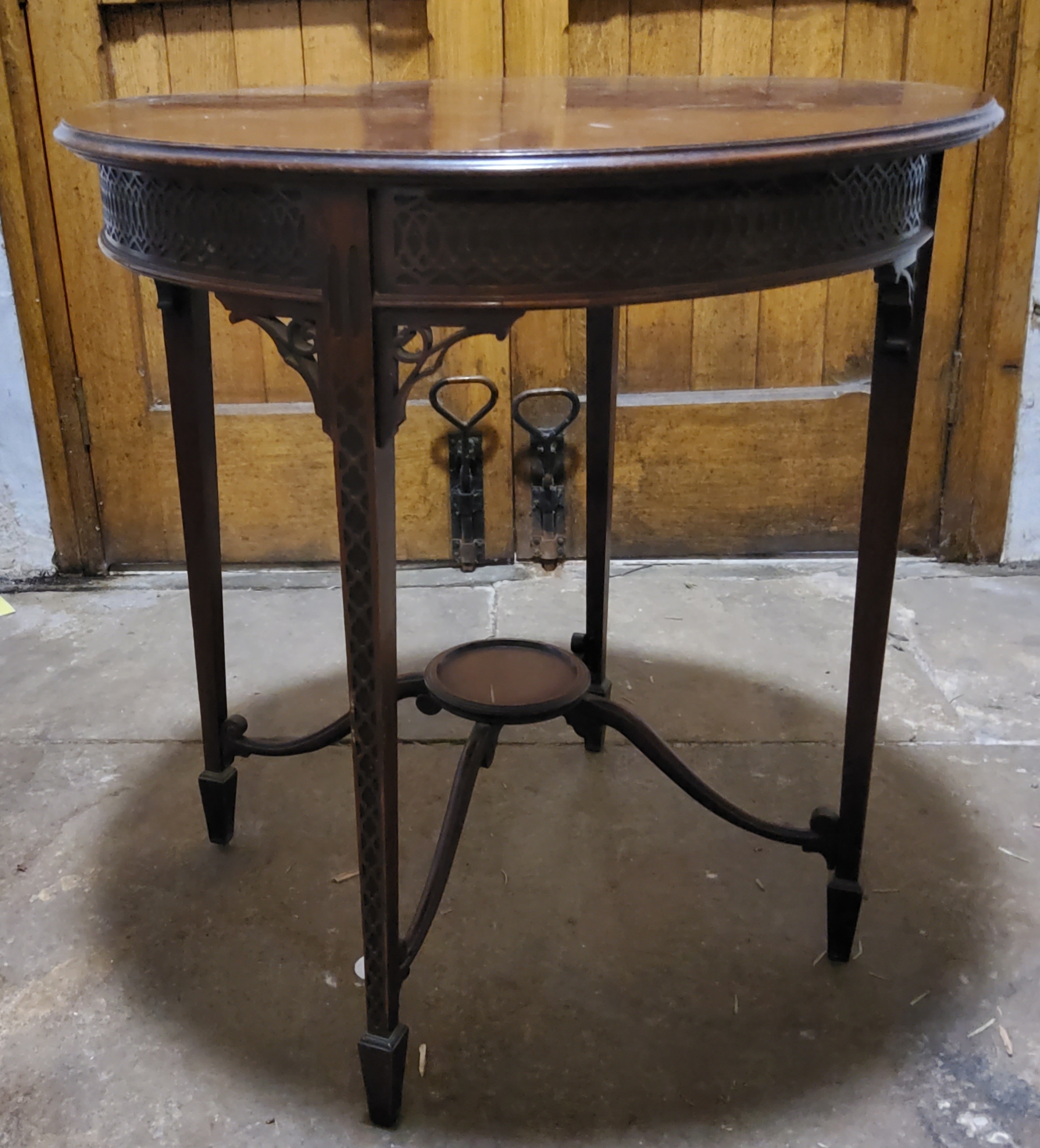 A 20th century golden oak priest's chair; A Victorian Gothic revival circular hall table (2) - Image 4 of 5