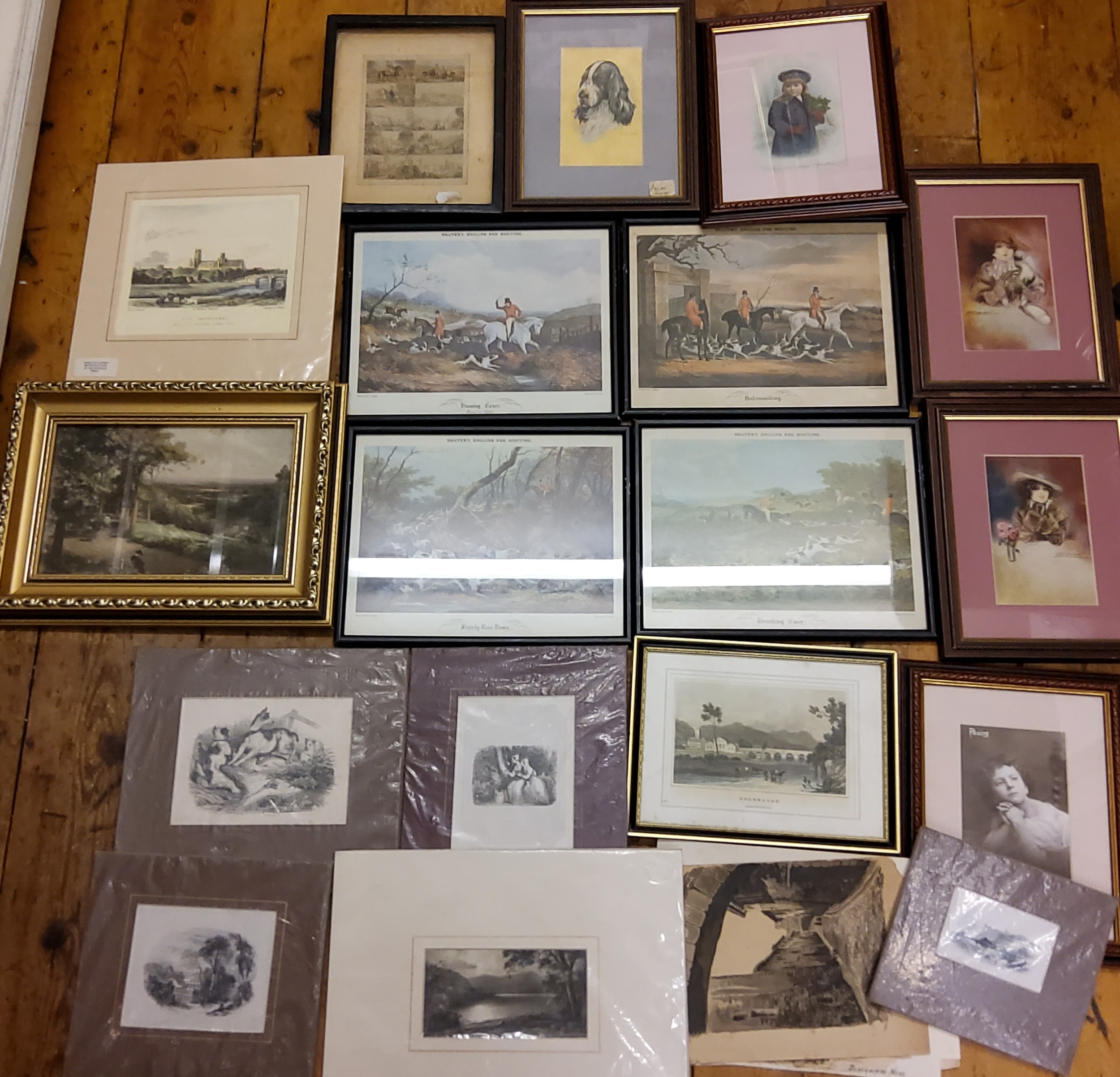 Prints - a set of four;  Shayers English Fox Hunting;  engravings;  Christmas cards;  etc