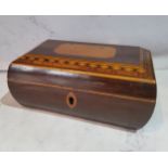 A George III mahogany bowed sarcophagus shaped work box, the cover banded, satinwood strung, 6.5cm