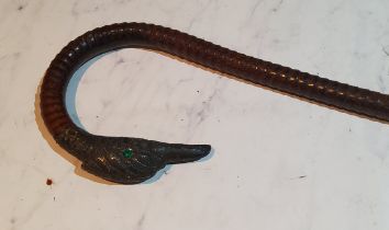 A silver coloured metal mounted walking stick, the handle with duck's head, green eyes, 90cm long