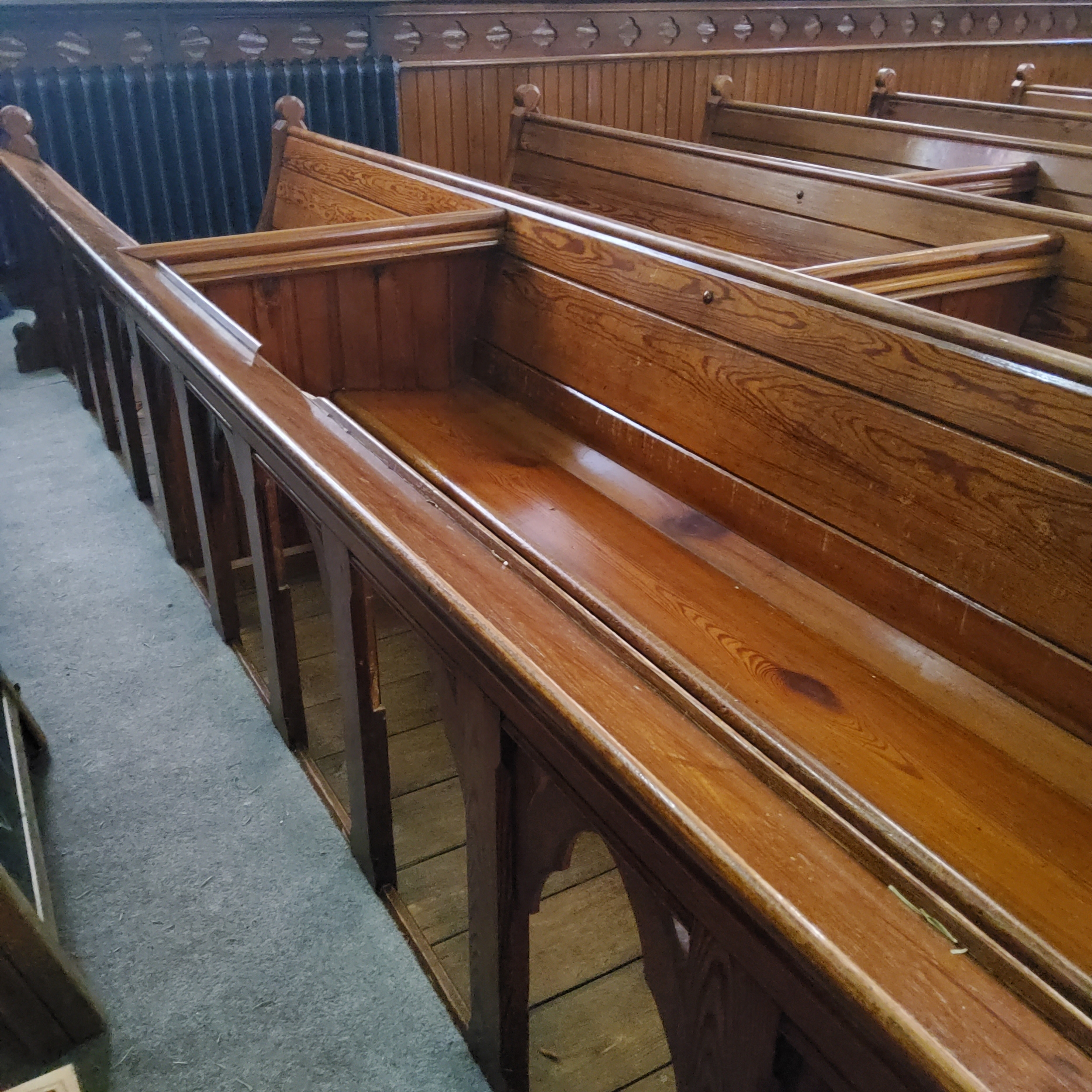 The entirety of the ecclesiatical Victorian Pugin style pitch pine pews, twenty two banks in - Image 2 of 9