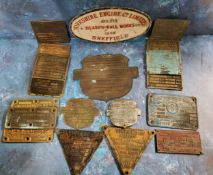 A collection of stamped metal electric motor nameplates, 1930s-1960s and including Lancashire
