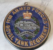 HM Royal Armed Forces Royal Tank Regiment cast iron circular plaque mount on ebonised wood trophy