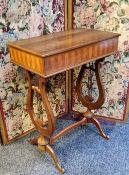 A reproduction mahogany sewing table, the side inlaid with parquetry bands,  lyre shape supports,