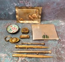 A silver plated sliding pencil;  a rolled gold pencil;  another;  a brass magnify glass/compass;