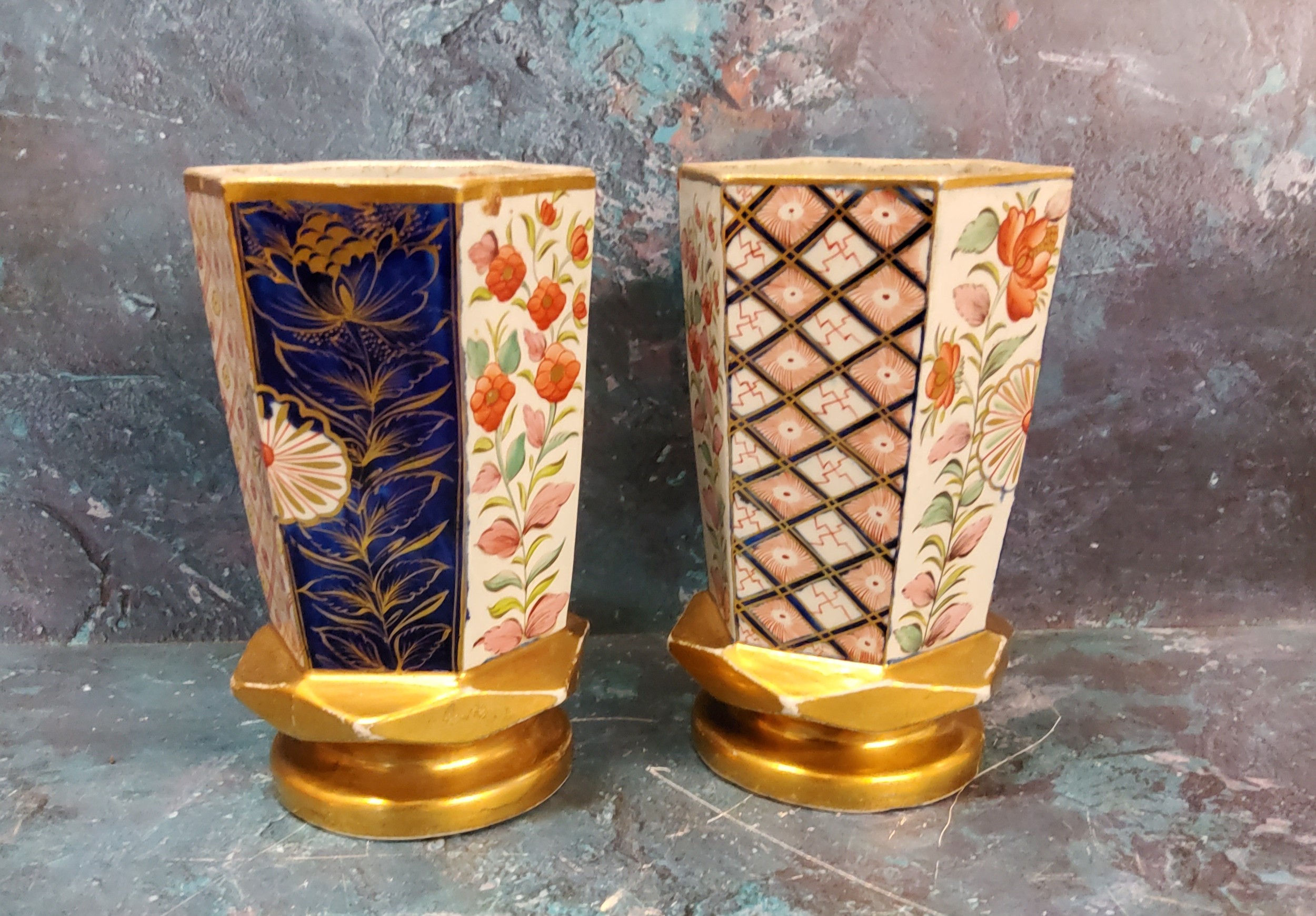 A pair of Mason Ironstone hexagonal vases, decorated with alternating panels, of stylised flowers