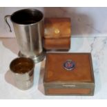 A silver plated travelling collapsible beaker, 10cm high, leather case;  another, 5cm high;  a