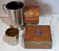A silver plated travelling collapsible beaker, 10cm high, leather case;  another, 5cm high;  a