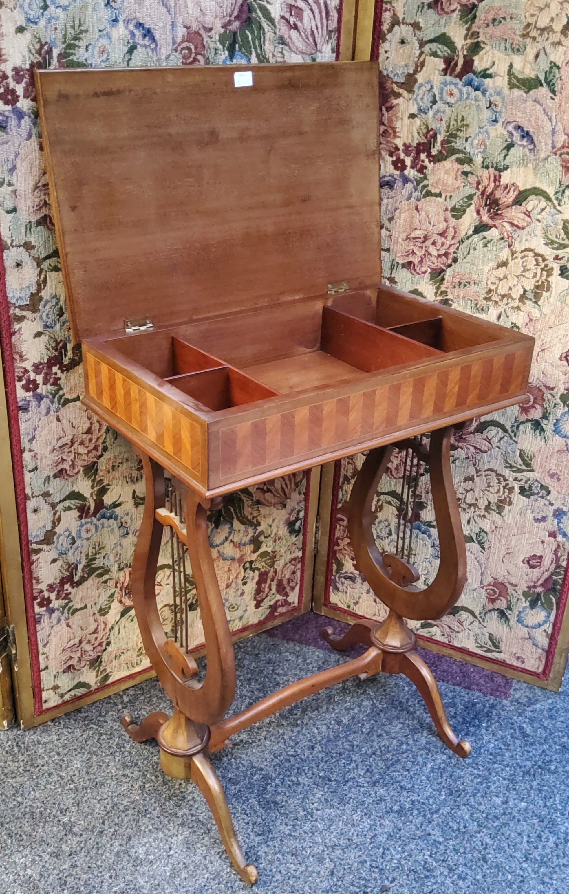 A reproduction mahogany sewing table, the side inlaid with parquetry bands,  lyre shape supports, - Image 2 of 2