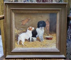 Dorina Crawshaw, Stable Friend, Jack Russell and Spaniel, signed, oil on canvas, 24cm x 29cm
