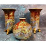 A pair of Wilton Ware lustre flared cylindrical vases, decorated with river landscape, gilt scroll