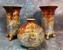 A pair of Wilton Ware lustre flared cylindrical vases, decorated with river landscape, gilt scroll