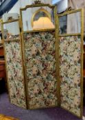 A late 19th century carved parcel gilt three fold modesty screen,  each section surmounted with