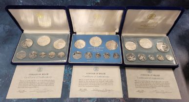 A Sterling Silver proof set of the Coinage of Belize 1974 comprising Ten, Five & One Dollar coins