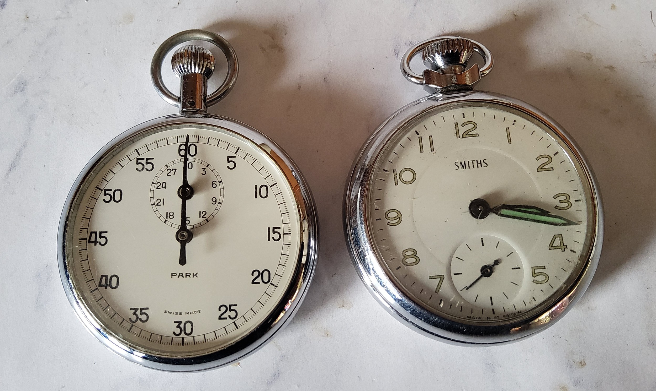 A Smiths chrome plated pocket watch, subsidiary seconds dial;   a Park stop watch (2)