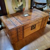 A Victorian walnut rectangular writing box, inlaid with two Tunbridge bands, secret drawer, 50cm