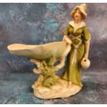 A Royal Dux figure, of a maiden standing by an oversize shell and frog, 22cm high, pink triangle