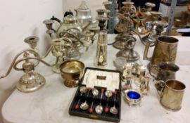 Plated Ware - candelabra;  cruet stand;  coffee bean spoons, cased;  James Dixon toast rack;  etc