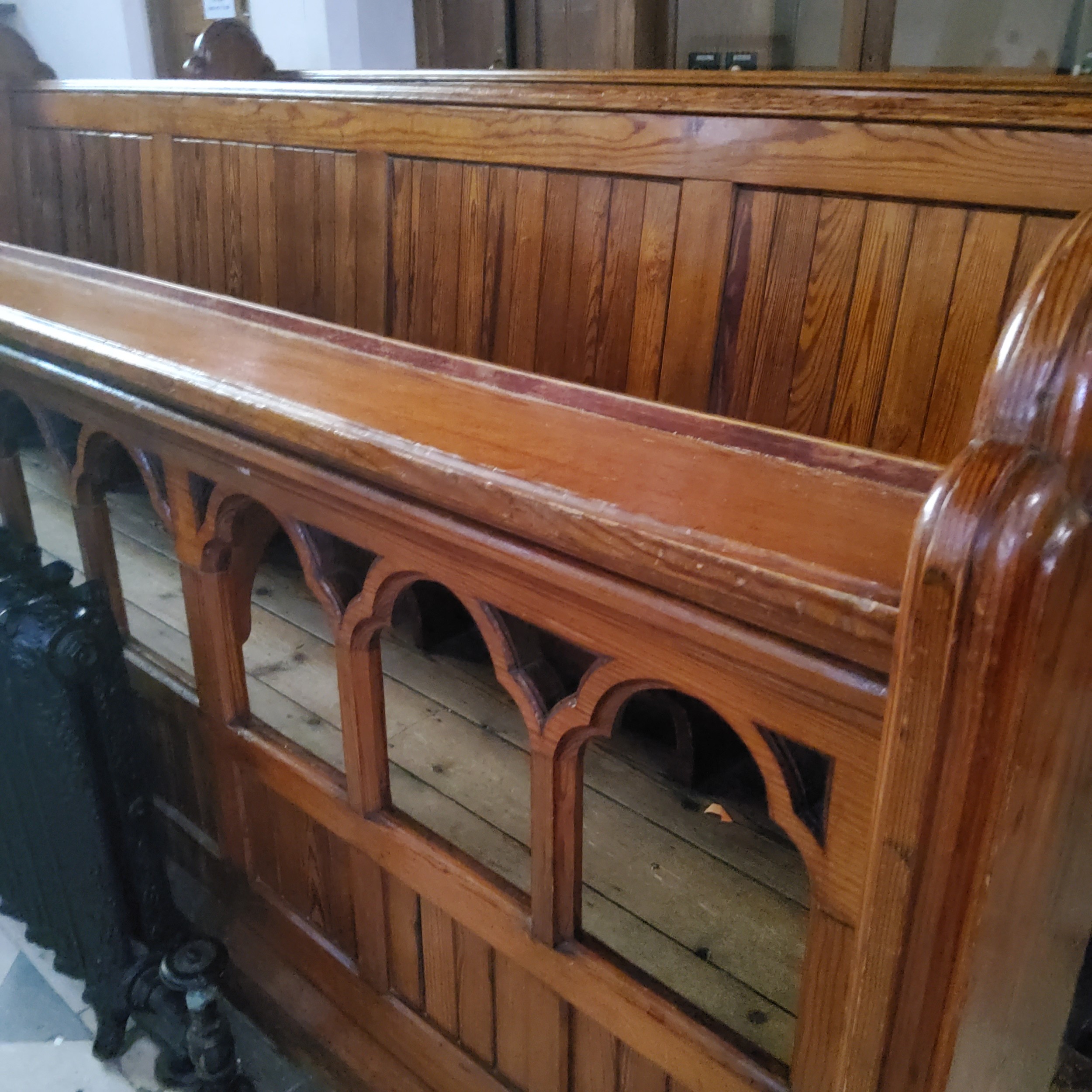 The right hand Victorian pitch pine choir stall from Dore Church, including pierced fretwork hymn - Image 3 of 4