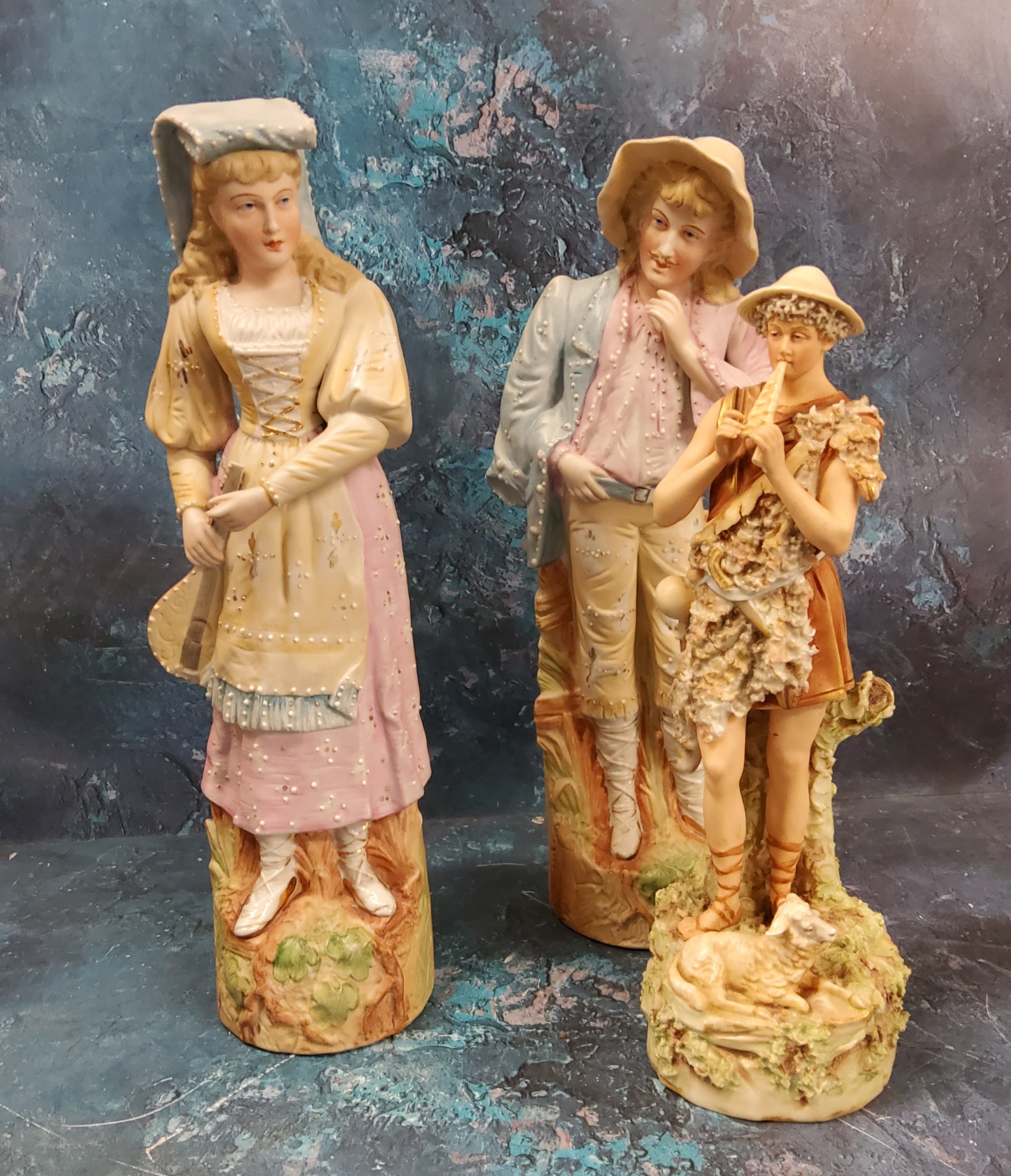 A Royal Dux figure, of a Shepherd playing a pipe, 30cm high, pink triangle mark;  a pair of early