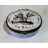 A George III Bilston enamel oval patch box, the cover inscribed Keep this for my SAKE, light blue