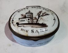 A George III Bilston enamel oval patch box, the cover inscribed Keep this for my SAKE, light blue
