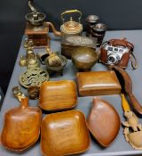 An oak coffee grinder;  a musical jewellery box;  a Kodak camera;  a Black Forest posy holder,