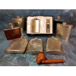 A chrome hip flask, Jaguar emblem;  others