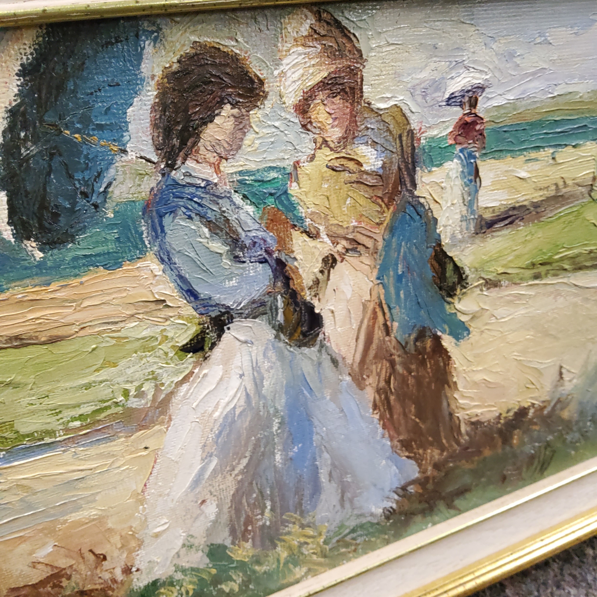 Impressionist School, 20th century, Figures Walking on a Beach, indistinctly signed, oil on board, - Image 3 of 5