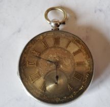 A Victorian silver open faced pocket watch, foliate engraved silver dial, Roman numerals, c.1850