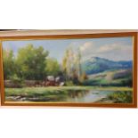 **Santillan, Romany Travellers Caravan by the River, signed, oil on canvas, 50cm x 100cm