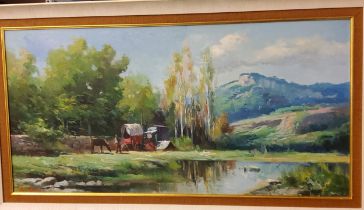 **Santillan, Romany Travellers Caravan by the River, signed, oil on canvas, 50cm x 100cm