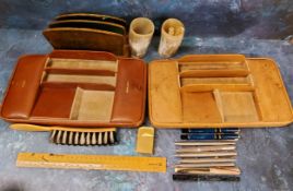 A leather Keep Tidy accessories tray, 33cm wide;  another;  two horn beakers;  a Zippo lighter;