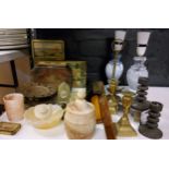 Boxes and Objects - alabaster tobacco jar, trinket dish and beaker;  two grey marble side lamps;