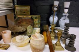 Boxes and Objects - alabaster tobacco jar, trinket dish and beaker;  two grey marble side lamps;