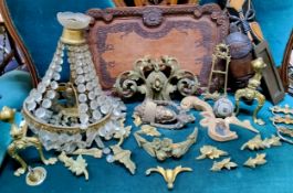 Salvage - an ornate Etruscan door knocker; 19th century carpet ball; brass fire dogs; Anglo-Indian