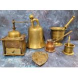 A brass bell, 21cm high;  a brass pedestal pestle and mortar;  another, smaller;  a coffee grinder;