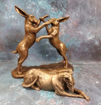 A Frith Sculpture resin bronze effect model, Lurcher Thinking;  another, Leonardo, Hares Boxing (2)