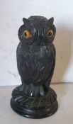 A Victorian novelty box, carved as an owl, glass eyes, 12cm high, c.1860