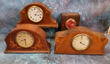 An Edwardian mahogany mantel clock, inlaid with flower sprays, 8-day movement, c.1910;  others;