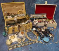 Two vintage jewellery boxes containing fashion jewellery including  necklaces, brooches, gents &