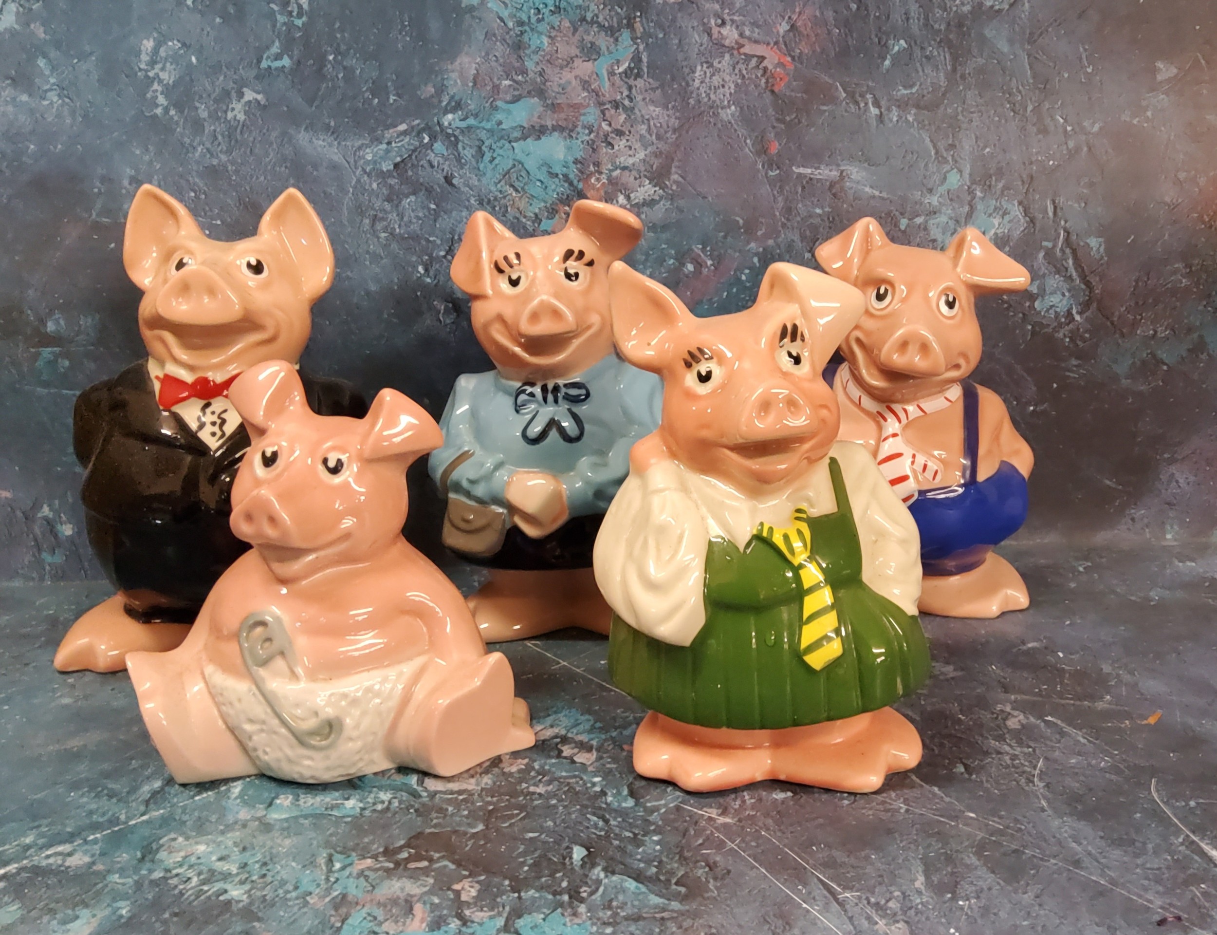 A set of five Wade Natwest pigs, Woody; Annabel; Maxwell; Lady Hilary and Sir Nathaniel