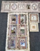 Contemporary School, Five Hares, various poses, in a shabby chic rectangular frame, 37cm x 107cm