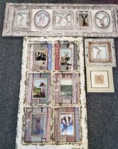 Contemporary School, Five Hares, various poses, in a shabby chic rectangular frame, 37cm x 107cm
