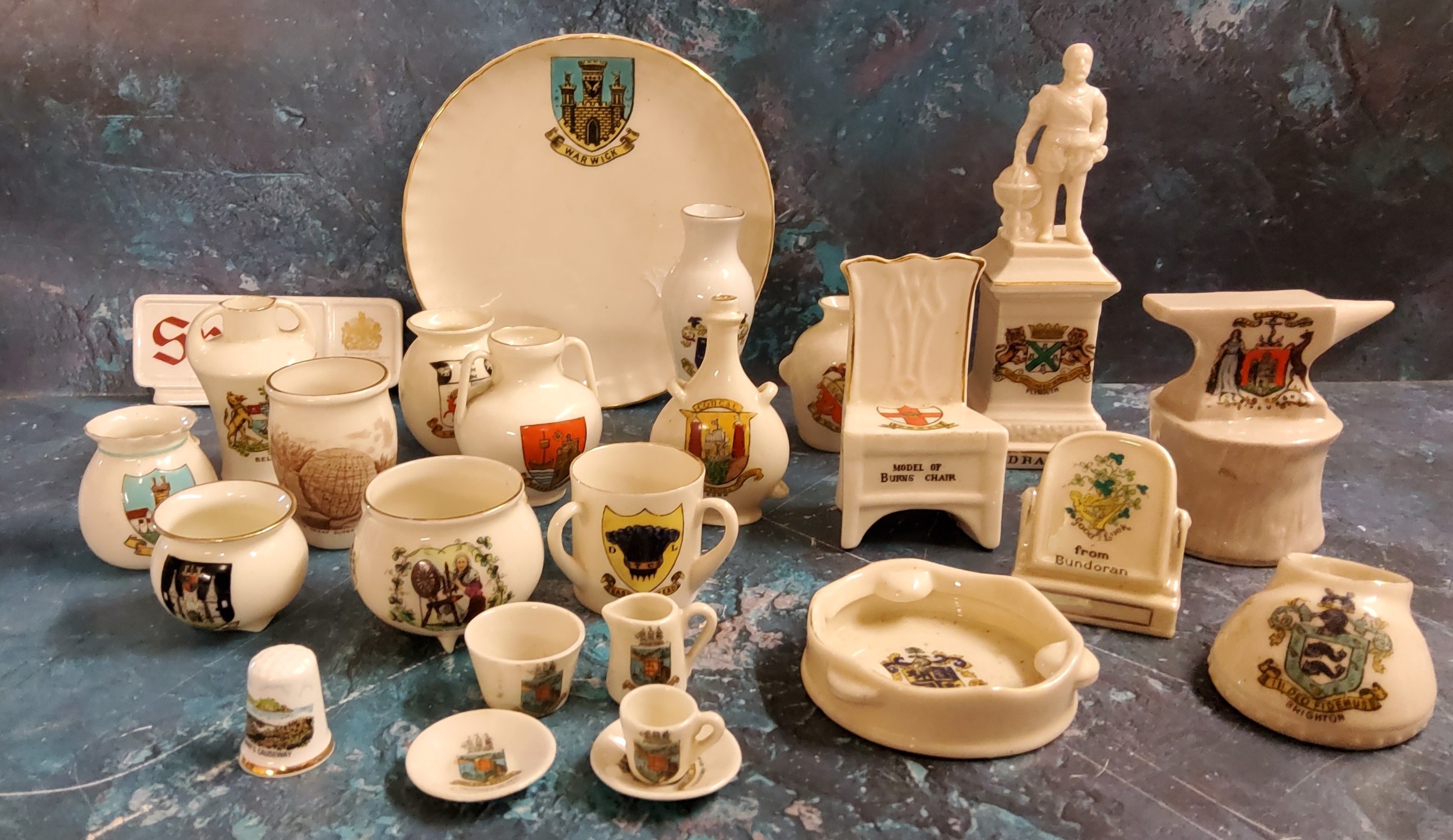 Crested Ware - Plymouth -  a Devonia Art Drake Memorial; others,  Goss;   Burns Chair,  anvil,